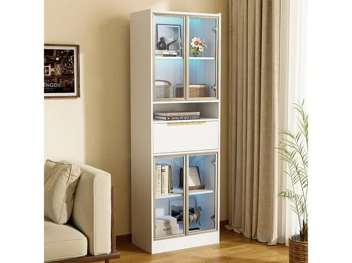 Vitrina LED alta 16 colores MDF cristal blanco almacenaje salón dormitorio 60x35x180 cm