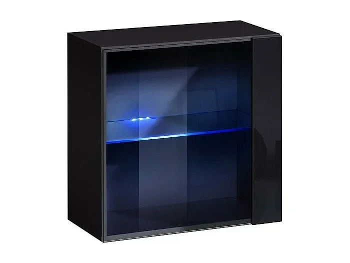 Vitrina negra cuadrada suspendida con 1 puerta de vidrio y luz LED incluida. Colección SWITCH.
