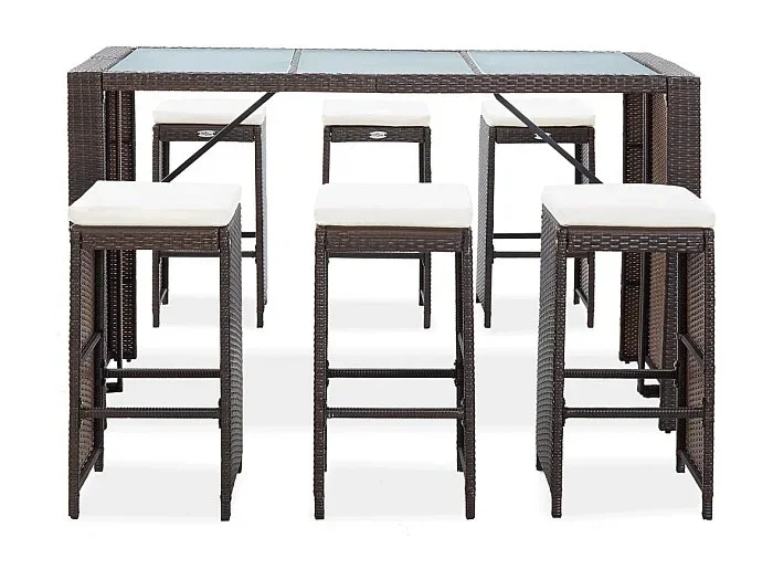 Waddell Set de bar para jardín 7 pzas y cojines ratán sintético marrón