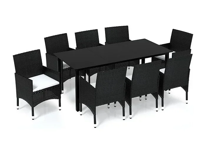 Wausau Set de comedor de jardín 9 pzas y cojines ratán sintético negro