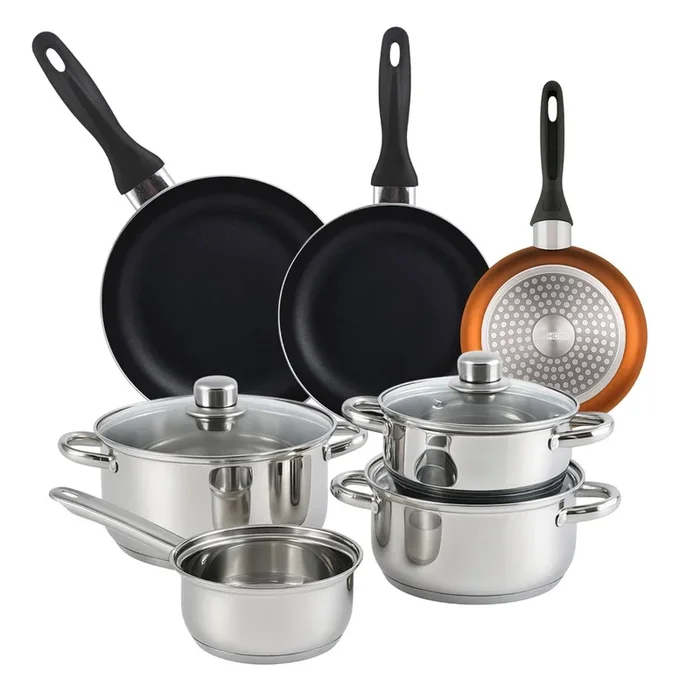 Well Home Set de Batería de cocina de 7pc en acero inoxidable + 3 Sartenes Ø16Ø20Ø24cm Bronce metalizado en Aluminio
