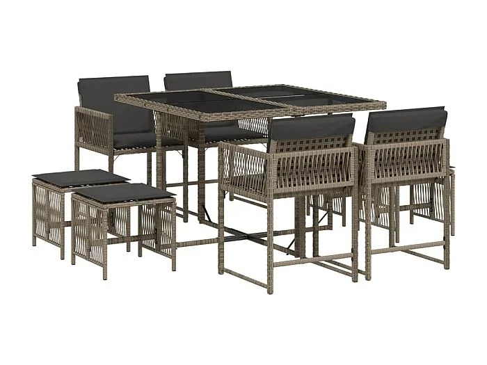 Xeli Set comedor jardín 9 pzas y cojines ratán sintético gris