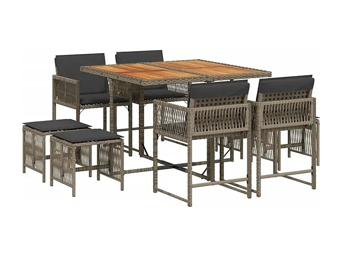 Xeli Set comedor jardín 9 pzas y cojines ratán sintético gris
