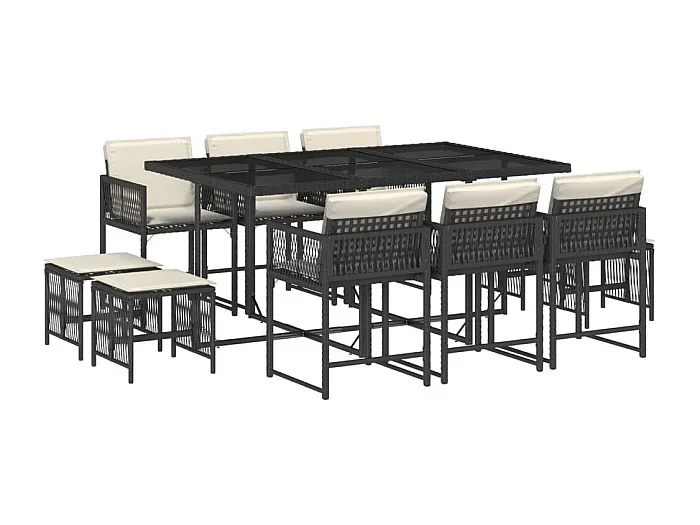 Xeli Set de comedor jardín 11 pzas con cojines ratán sintético negro