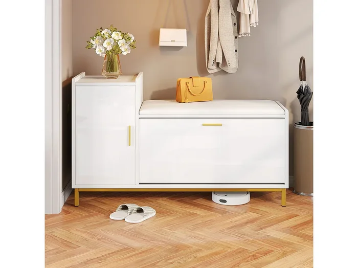Zapatero – 100 x 38 x 68 cm – con 2 compartimentos + 1 puerta + asiento tapizado – blanco y dorado – metal + aglomerado