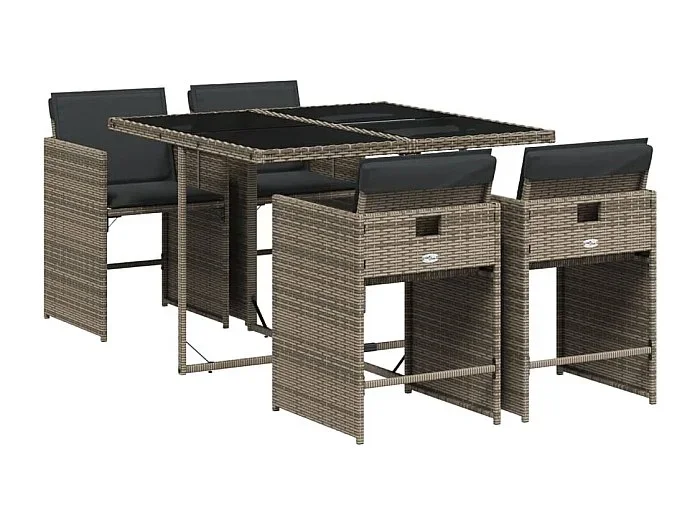 Zele Set comedor de jardín 5 piezas con cojines ratán sintético gris