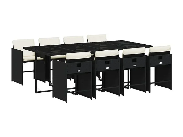 Zele Set de comedor de jardín 9 pzas y cojines ratán sintético negro