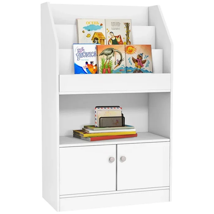 ZONEKIZ Estantería Juguetes Infantil Librería para Niños de +3 Años para Juguetes Libros Zapatos con 3 Compartimentos y 2 Armarios para Escuela Dormitorio 60×29,5×100 cm Blanco